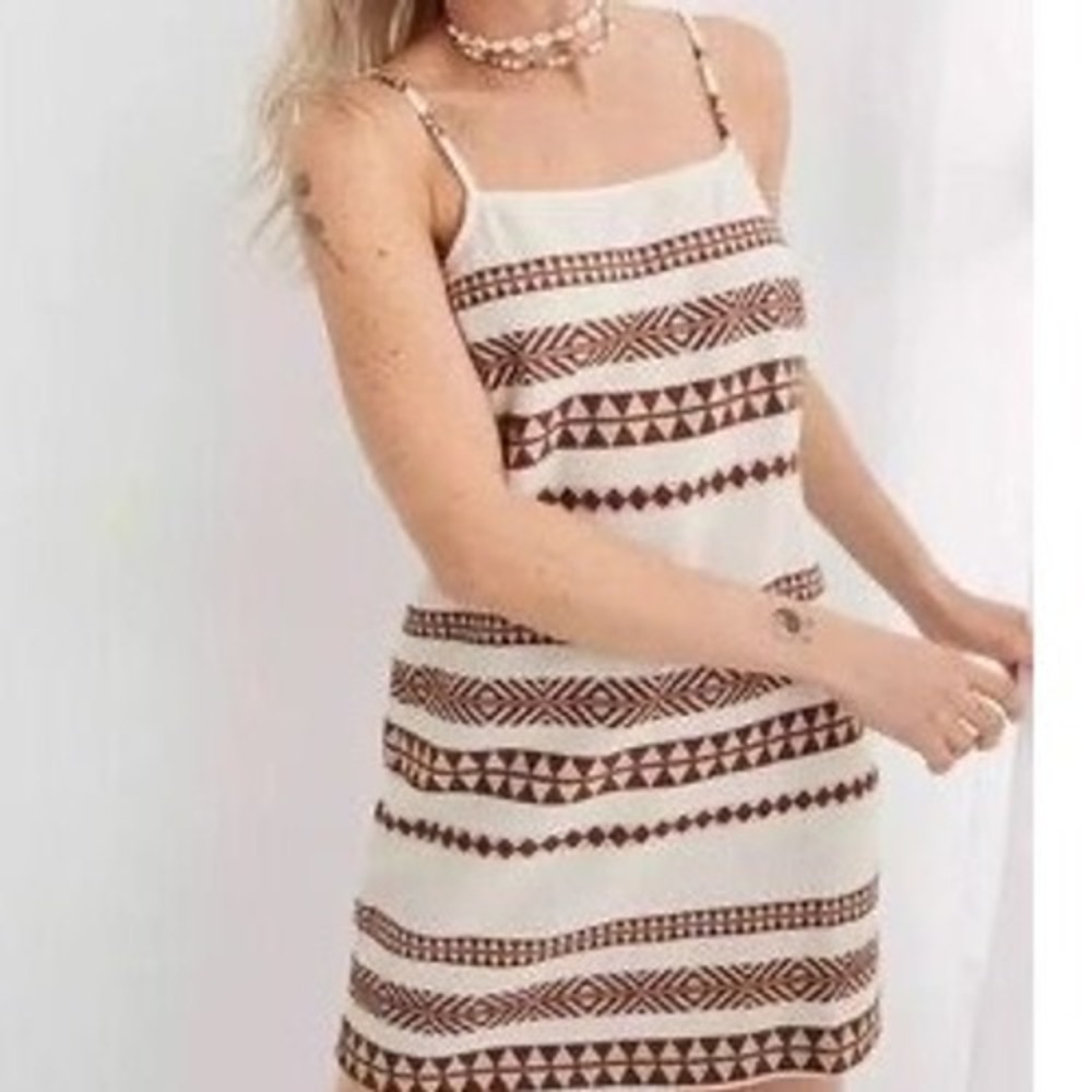 Aerie Boho Geometric Tribal Print‎ Cotton Mini Dress Cream Brown Medium nn